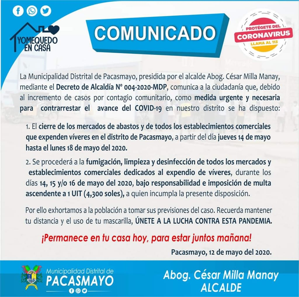 La municipalidad de Pacasmayo ordena el cierre y fumigación de los mercados y tiendas